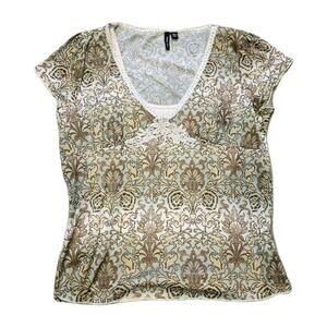 Vtg Floral Paisley Babydoll Top Womens XL Hreen Brown Lace Trim Blouse Fairy Y2K